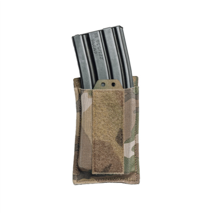 Spiritus Systems EMP Single Elastic Mag Pouch in MultiCam shown holding a 5.56 magazine. Slim, low-profile pouch with elastic construction, optional bungee retention, and MOLLE compatibility for chest rigs, cummerbunds, or packs.
