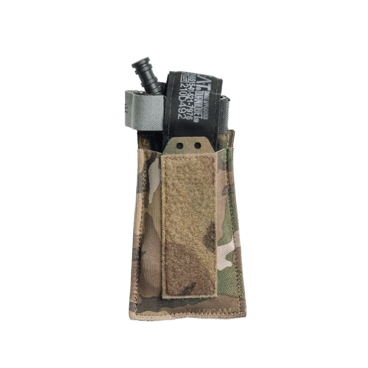 Spiritus Systems EMP Single Elastic Mag Pouch shown in use on a chest rig, securely holding a 5.56 magazine. Slim, low-profile design with elastic construction, MOLLE mounting, bungee retention, and loop front panel for modular Spiritus Systems compatibility.