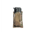 Spiritus Systems EMP Single Elastic Mag Pouch shown in operational use on a chest rig, carrying a 5.56 magazine. Low-profile elastic pouch with MOLLE mounting, optional bungee retention, and loop front panel for Pangolin Flap or ID patch integration.