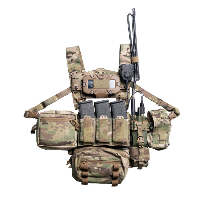 Spiritus Systems EUD Bridge in use on a chest rig, securing an End User Device for stable, hands-free access during operations. Lightweight CURV® composite and nylon laminate design integrates with MOLLE setups, ATAK devices, and PTTs for mission-ready performance.