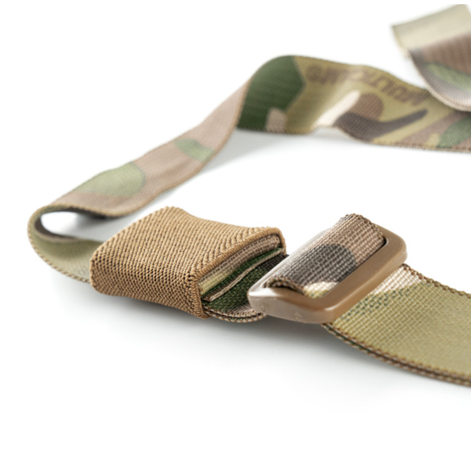 Close-up of the Spiritus Systems Elastic Strap Keeper securing excess webbing on a tactical strap. Elastic keeper reduces strap flap, keeps gear squared away, and fits Spiritus pouches and rigs.