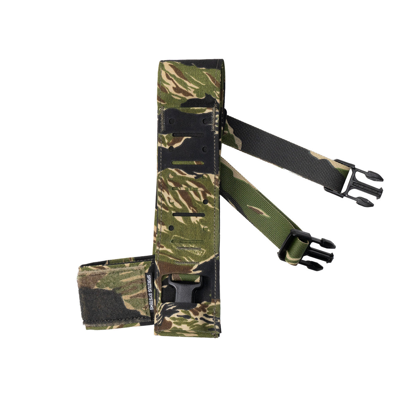 Spiritus Systems Fat Strap MK4 in OV Tiger Stripe featuring a low-profile H-harness design, integrated accessory mounting fields, and compatibility with Spiritus Systems modular chest rig platforms.
