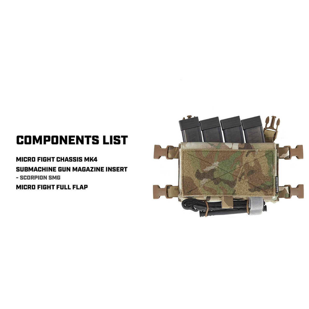 Spiritus Systems Micro Fight Chassis Mk4 configured as compact placard with rifle magazine insert and Full Flap installed, streamlined low profile setup designed to mount directly to plate carrier front plate bag for lightweight tactical loadout made in the USA