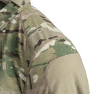Close-up of the Spiritus Systems Mission Rugby Shirt Long Sleeve highlighting the seam-free shoulder design and durable flame-resistant fabric construction.