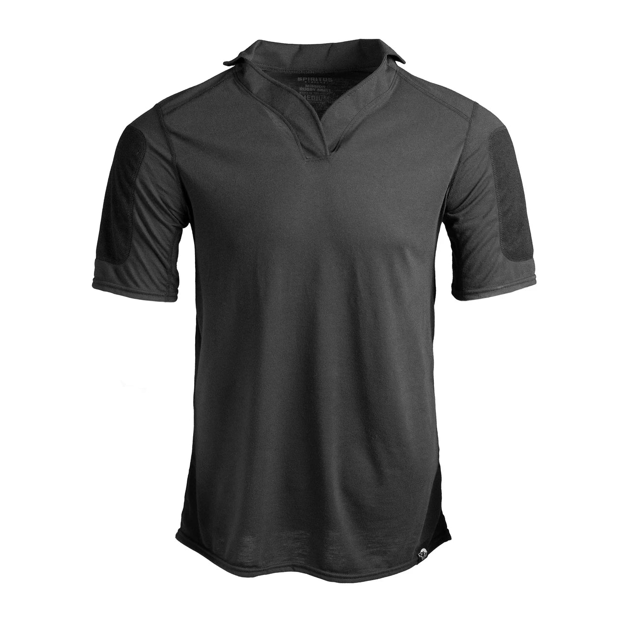 Spiritus Systems Mission Rugby Shirt Short Sleeve in Black featuring flame-resistant fabric, moisture-wicking performance, and a lightweight tactical fit.