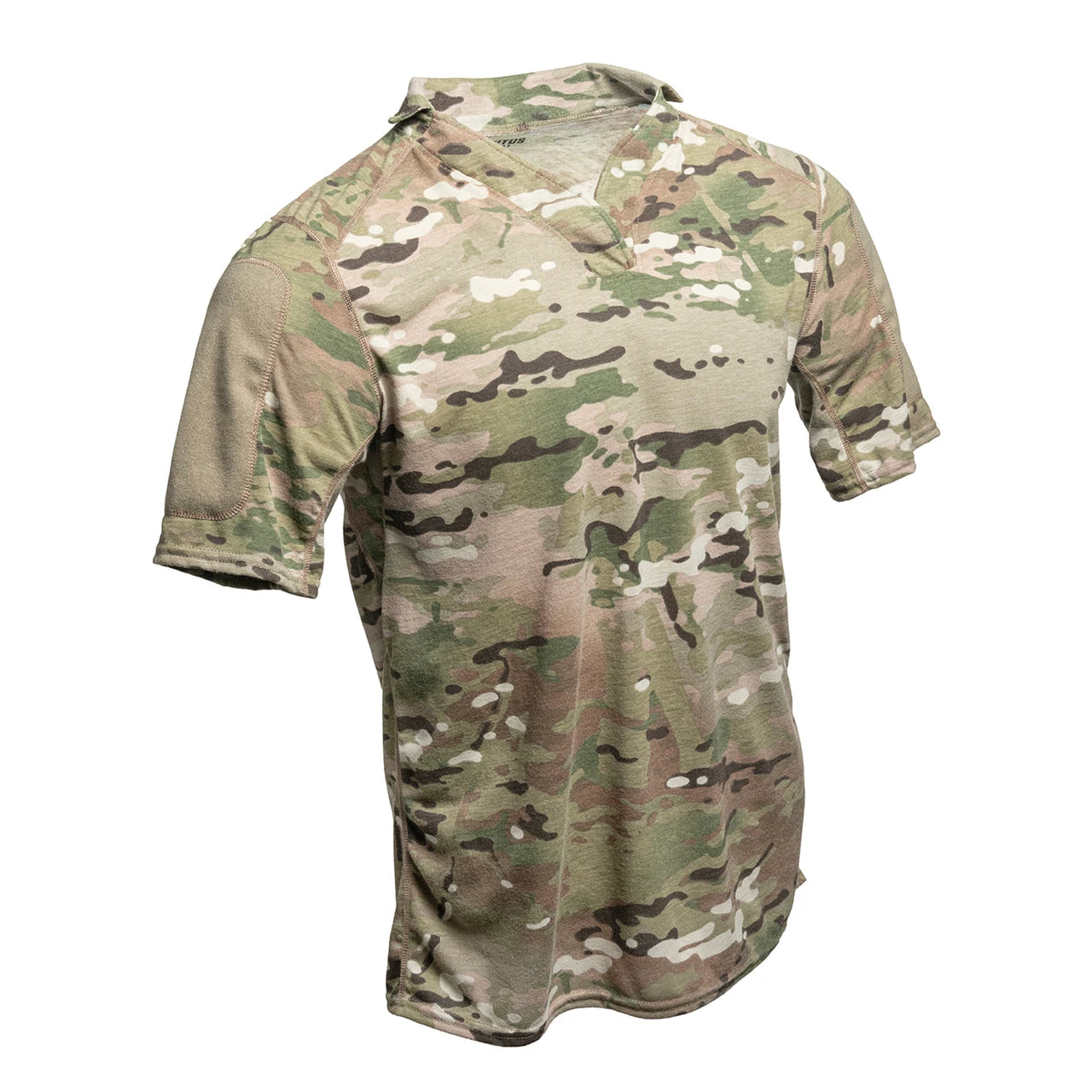 Three-quarter front view of a model wearing the Spiritus Systems Mission Rugby Shirt Short Sleeve in MultiCam, showcasing the athletic fit, high rugby collar, and flame-resistant tactical performance design.