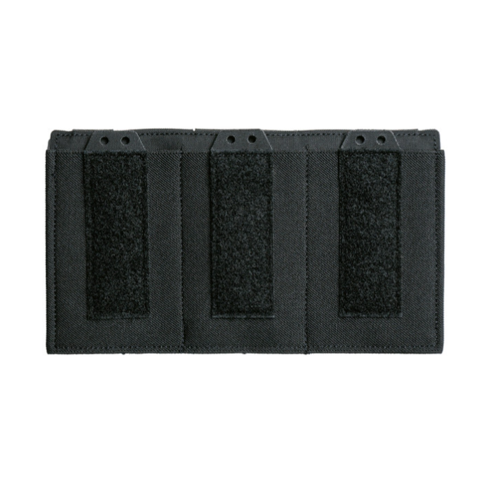 Spiritus Systems TEMP Triple Elastic Mag Pouch in Black, designed to carry three 5.56 magazines or similar mission gear. Features elastic construction, loop panel for patches or Pangolin Flap, optional bungee retention kit, and MOLLE-compatible rear mounting for Spiritus chest rigs and cummerbunds.