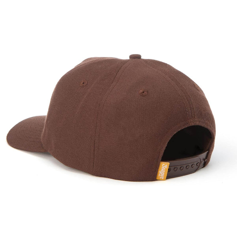 Brown cap with a visible Seager brand logo on a white background