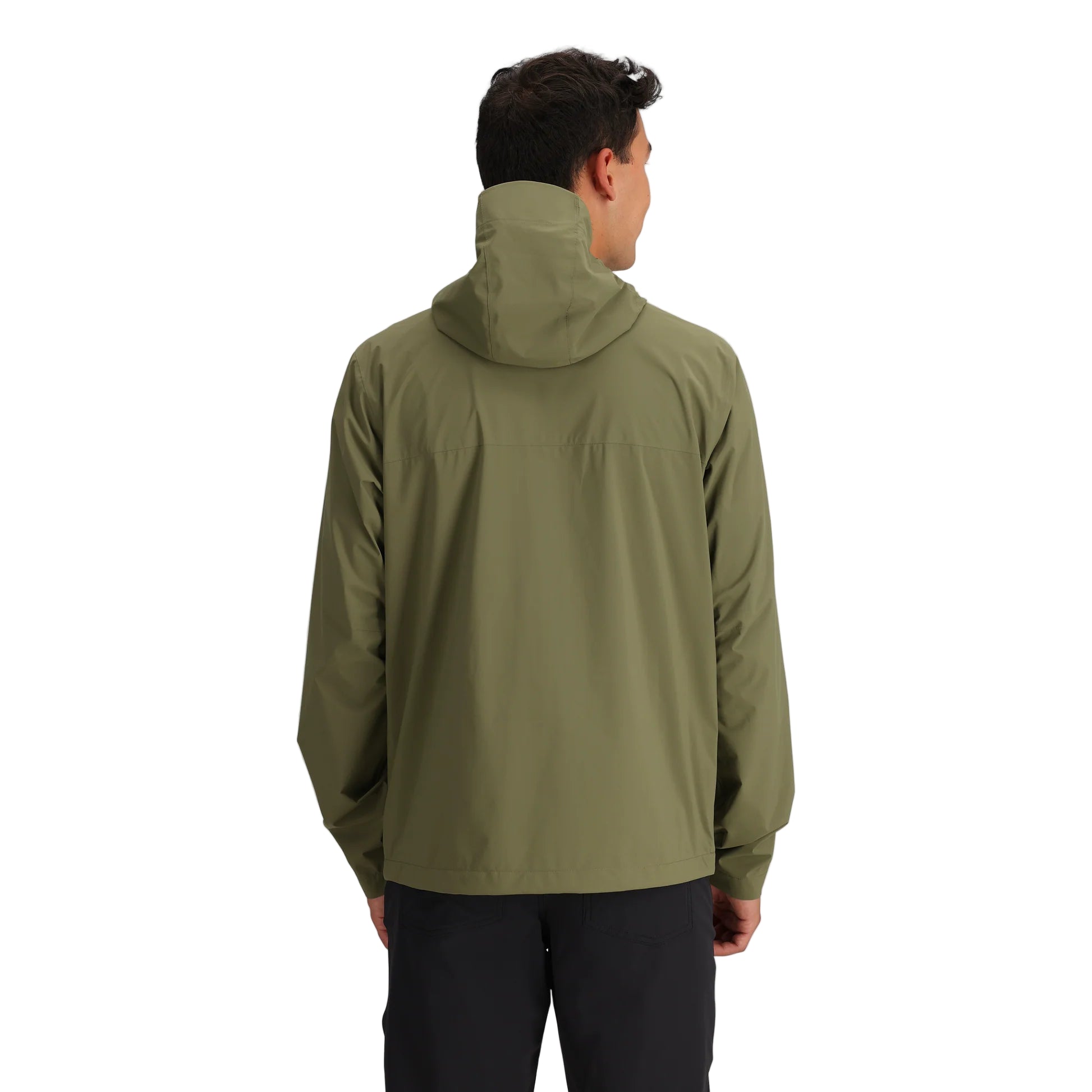 Back view of the Outdoor Research Stratoburst Rain Jacket in Ranger Green showing articulated hood, extended back coverage, and movement-friendly silhouette