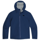 Product image of the Outdoor Research Stratoburst Stretch Rain Jacket in Cenote blue, a navy-colored tactical rain shell with waterproof, breathable stretch performance