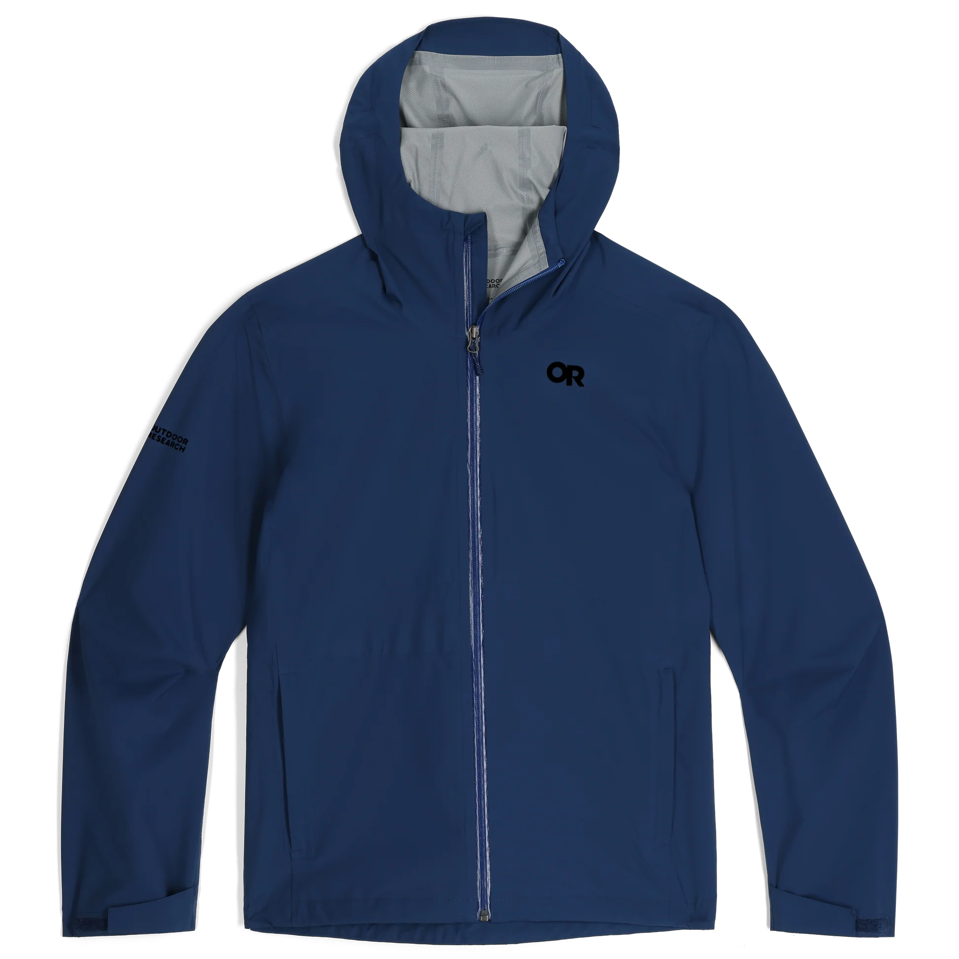 Product image of the Outdoor Research Stratoburst Stretch Rain Jacket in Cenote blue, a navy-colored tactical rain shell with waterproof, breathable stretch performance