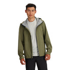 Outdoor Research Stratoburst Jacket in Ranger Green worn unzipped, showing lightweight construction, flexible layering, and breathable tactical shell design