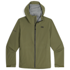 Front product shot of the Outdoor Research Stratoburst Stretch Rain Jacket in Ranger Green, showing minimalist tactical design and waterproof zipper system