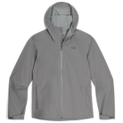 Product photo of the Outdoor Research Stratoburst Rain Jacket in Wolf Grey, a lightweight tactical rain shell made from recycled stretch fabric for waterproof performance