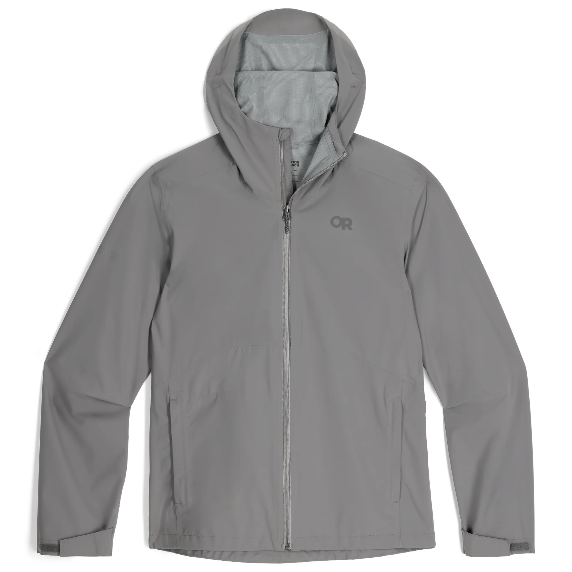 Product photo of the Outdoor Research Stratoburst Rain Jacket in Wolf Grey, a lightweight tactical rain shell made from recycled stretch fabric for waterproof performance