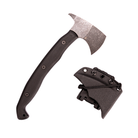 Stroup Knives Spiked Tomahawk with black handle and acid-etched 1095 steel head on white background
