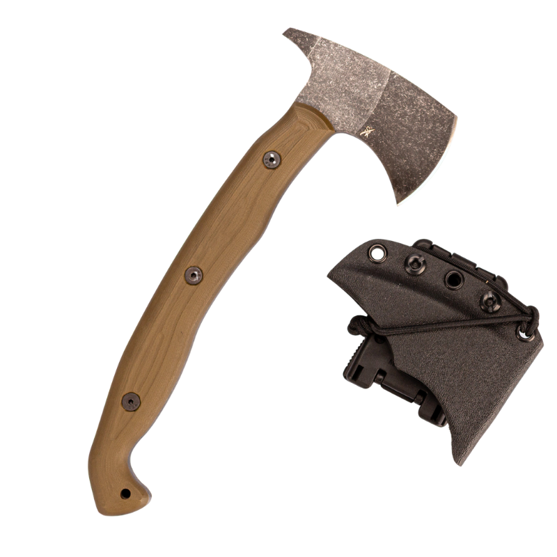 Stroup Knives Spiked Tomahawk with OD Green handle and acid-etched 1095 steel head on white background