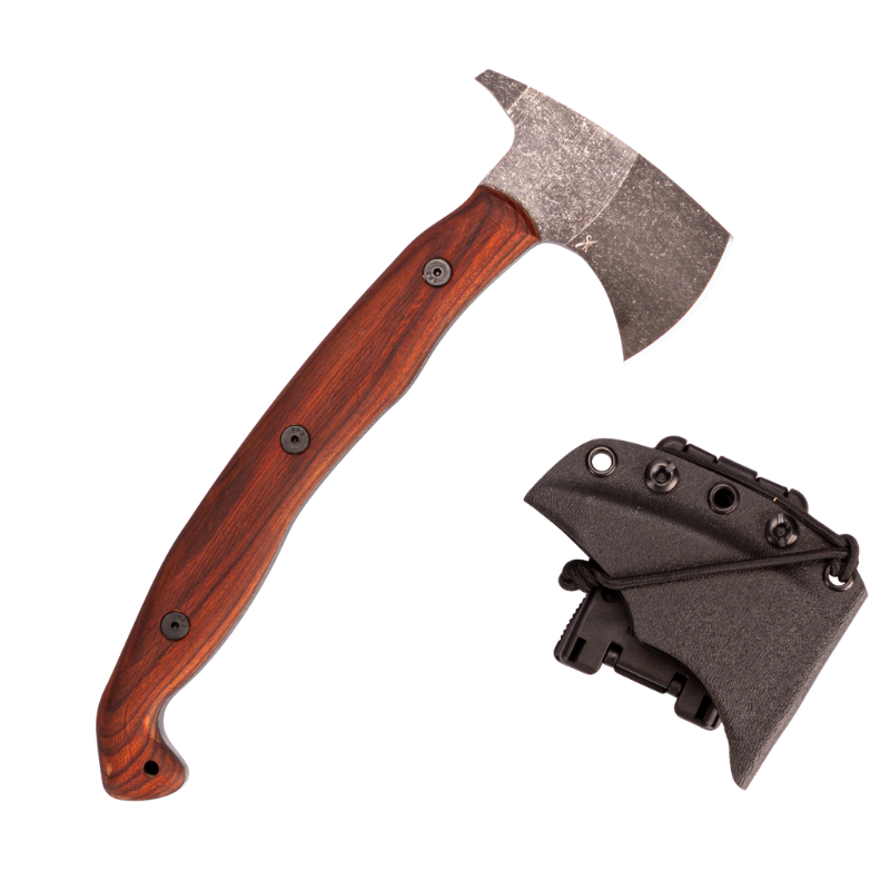 Stroup Knives Spiked Tomahawk with wooden handle and acid-etched 1095 steel head on white background