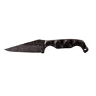 Close up of acid etched 1095 high carbon steel blade on Stroup Bravo 5 black handle compact fixed blade