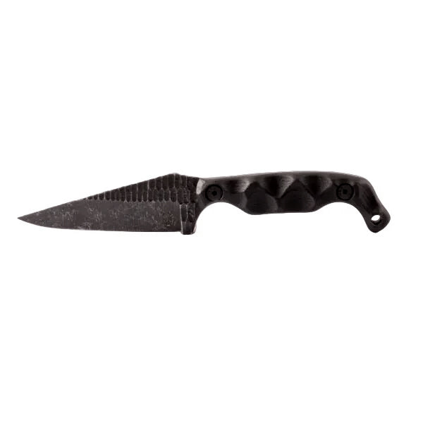 Close up of acid etched 1095 high carbon steel blade on Stroup Bravo 5 black handle compact fixed blade