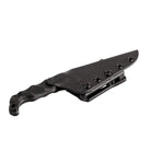 Stroup Bravo 5 black handle with Black Cerakote 1095 steel blade inserted into Kydex sheath for secure tactical carry