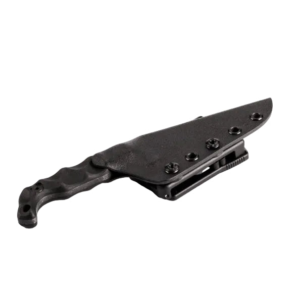 Stroup Bravo 5 black handle with Black Cerakote 1095 steel blade inserted into Kydex sheath for secure tactical carry