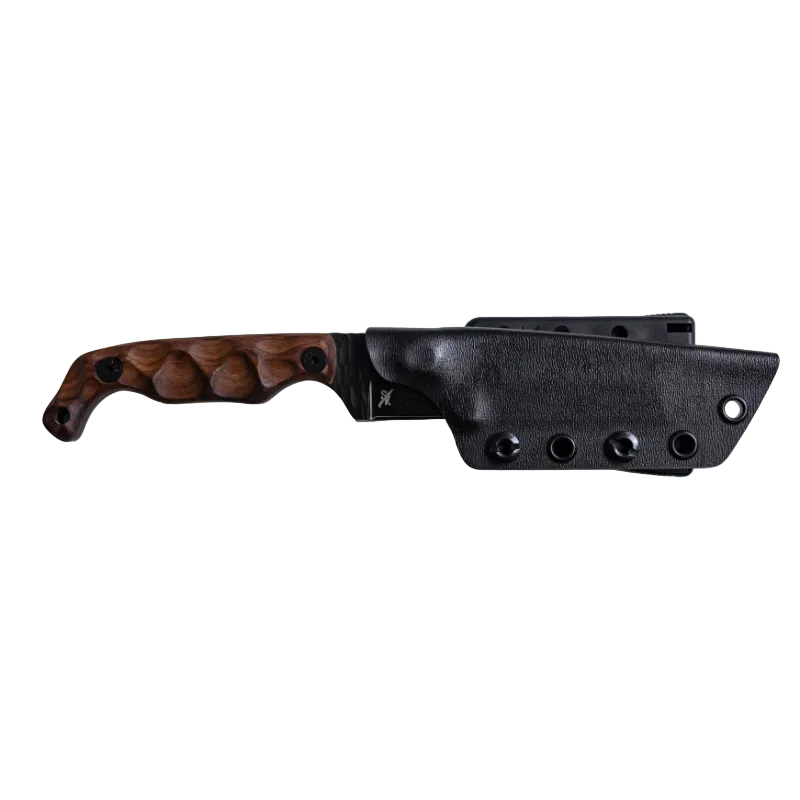 Stroup Knives Bravo 5 Tanto 1095 high carbon steel Black Cerakote blade and wood handle shown alongside durable Kydex carry sheath