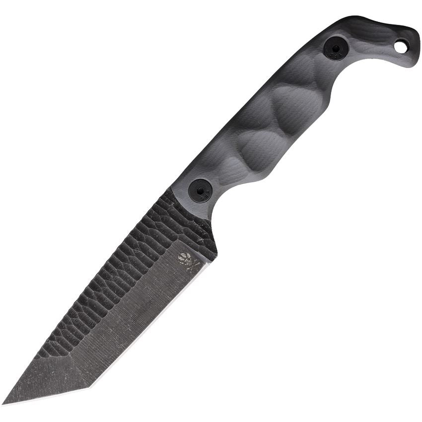 Stroup Bravo 5 Tanto grey handle version with acid etched 1095 high carbon steel blade optimized for durability and edge retention