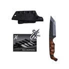 Wood handle Stroup Bravo 5 Tanto featuring Black Cerakote tanto blade positioned next to Kydex sheath with belt mount system