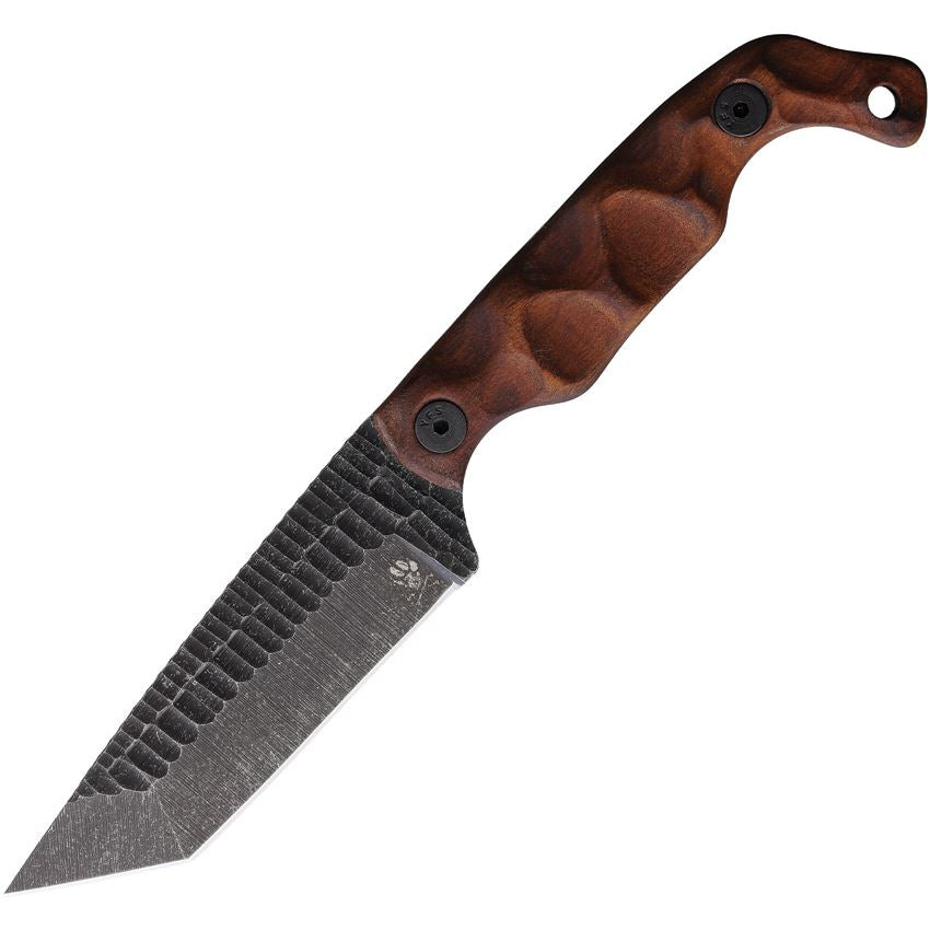 Stroup Bravo 5 Tanto wood handle version with acid etched 1095 steel tanto blade designed for field durability and aggressive piercing performance