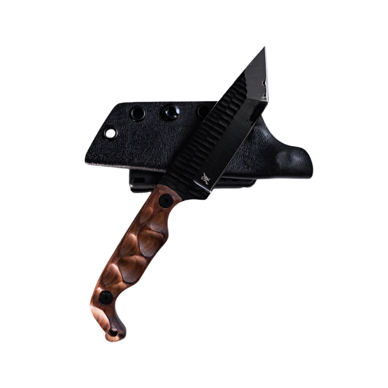 Stroup Bravo 5 Tanto with wood handle and Black Cerakote 1095 steel blade displayed beside molded Kydex sheath for tactical field carry