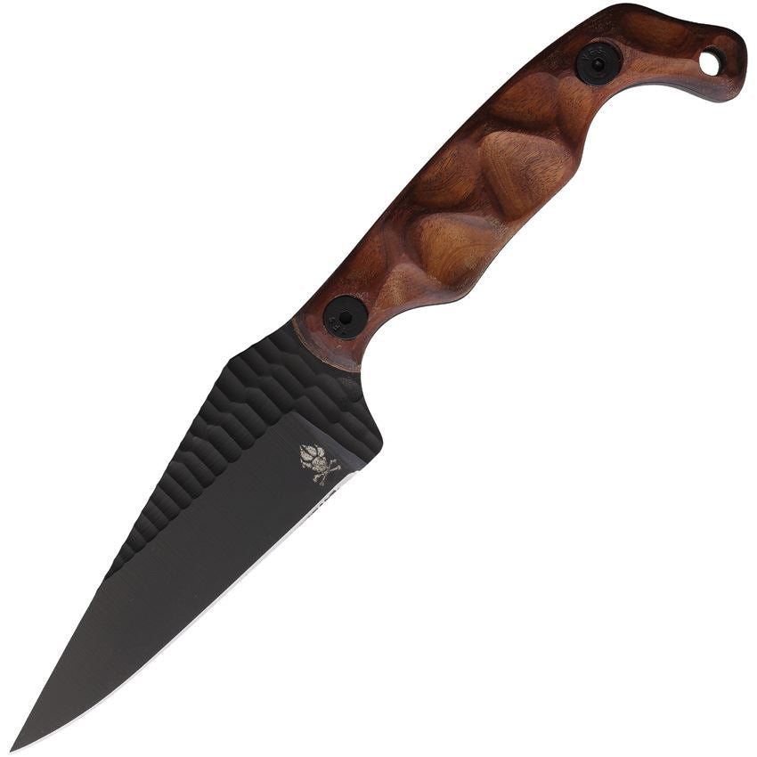 Stroup Knives Bravo 5 featuring wood handle and Black Cerakote 1095 drop point blade with compact full tang design