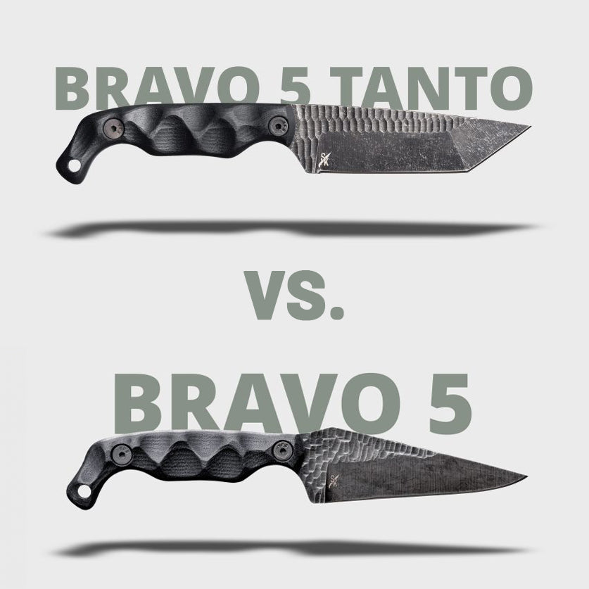 Stroup Knives Bravo 5 drop point fixed blade compared side by side with Bravo 5 Tanto version highlighting blade profile differences in 1095 high carbon steel