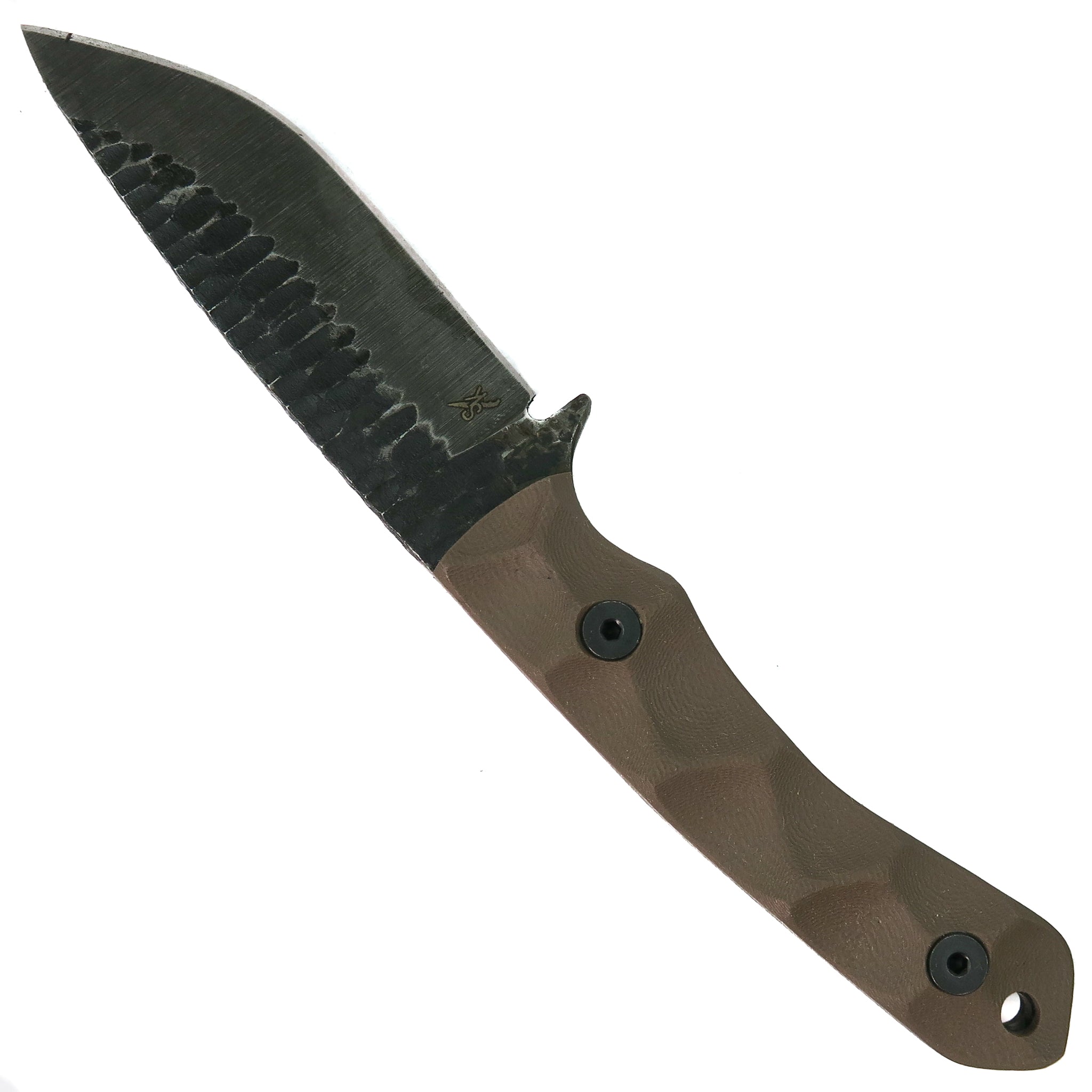 Stroup GP2 tactical knife with FDE G10 handle and black Cerakote coated 1095 high carbon steel blade, compact full tang fixed blade tactical knife for EDC, survival, and field operations made in the USA