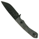 Stroup GP2 tactical knife logo side view featuring Stroup Knives maker mark on black coated 1095 high carbon steel blade with grey G10 handle, compact full tang fixed blade tactical knife for EDC, survival gear, bushcraft, and field use made in the USA