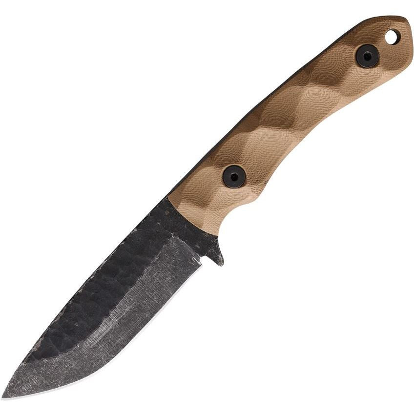 Stroup GP2 tactical knife with tan G10 handle and black coated 1095 high carbon steel blade, compact full tang fixed blade tactical knife for everyday carry EDC, survival gear, bushcraft, hunting, camping, and tactical kit use made in the USA