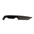 Stroup Knives Bravo 5 Tanto featuring a black handle and acid-etched 1095 high-carbon steel blade shown in a clean product shot, highlighting its full-tang strength, aggressive tanto profile, and rugged field design from the Stroup Knives x Justin Melnick collaboration.