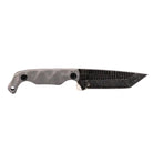 Stroup Knives Bravo 5 Tanto with grey handle and acid-etched 1095 high-carbon steel blade displayed in a product shot, showcasing its full-tang construction, tanto point durability, and field-ready design from the Stroup Knives x Justin Melnick collaboration.