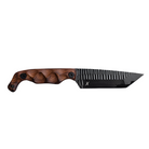 Stroup Knives Bravo 5 Tanto with wood handle and black Cerakote 1095 high-carbon steel blade shown in a clean product shot, highlighting its full-tang construction, tanto tip strength, and rugged field-ready design from the Stroup Knives x Justin Melnick collaboration.