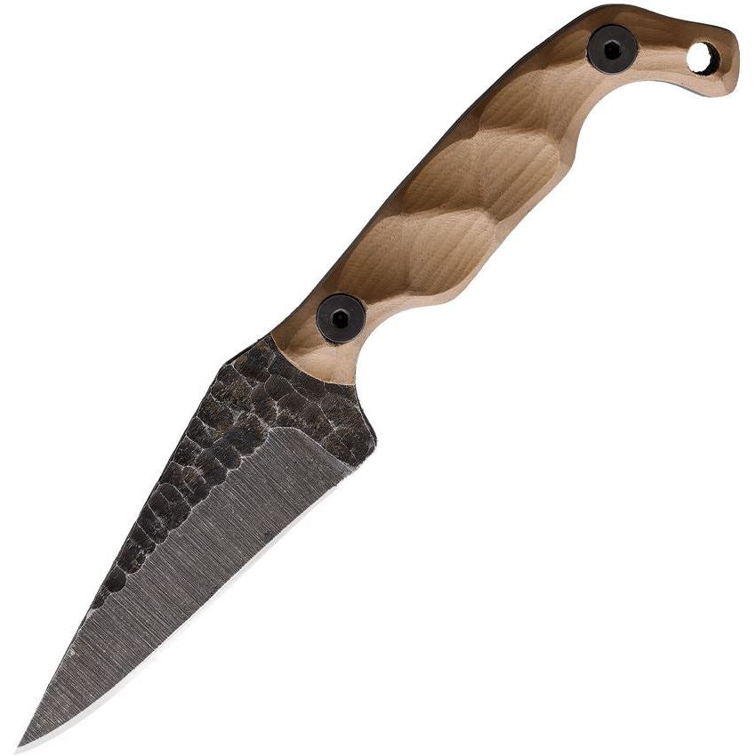Stroup Mini1 tan handle with acid etched 1095 compact fixed blade