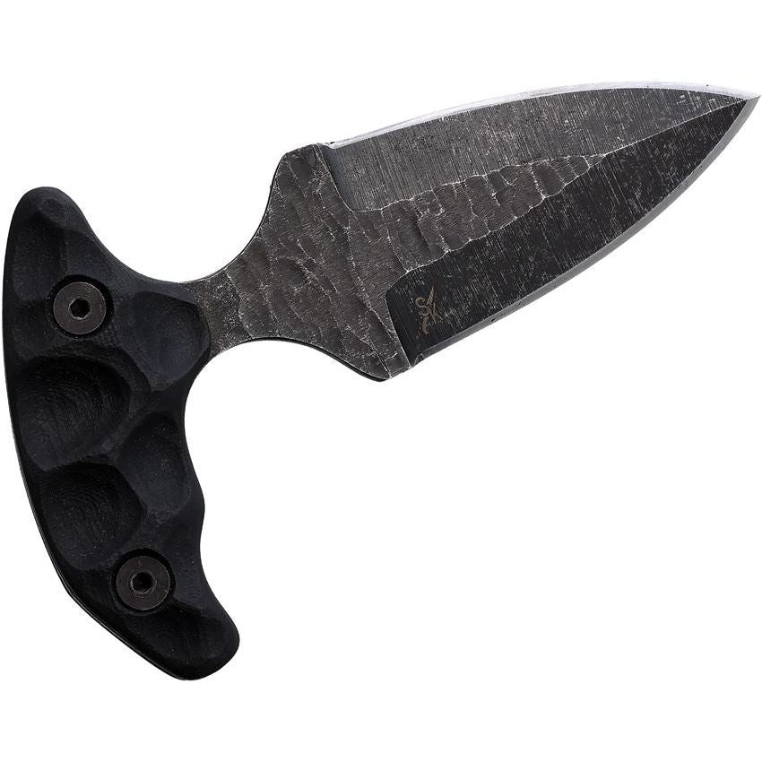 Angled view of Stroup SD1 push dagger tactical knife with black G10 T handle and double edged 1095 high carbon steel blade, compact fixed blade tactical knife for concealed carry, self defense, EDC rotation, and close quarters combat use made in the USA