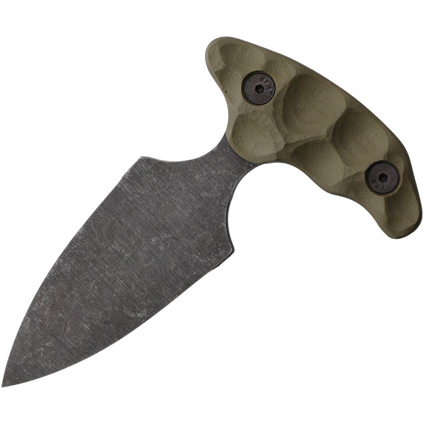 Rear view of Stroup SD1 push dagger tactical knife with Ranger Green handle and double edged 1095 high carbon steel blade, compact fixed blade tactical knife for concealed carry, self defense, EDC loadout, and close quarters use made in the USA