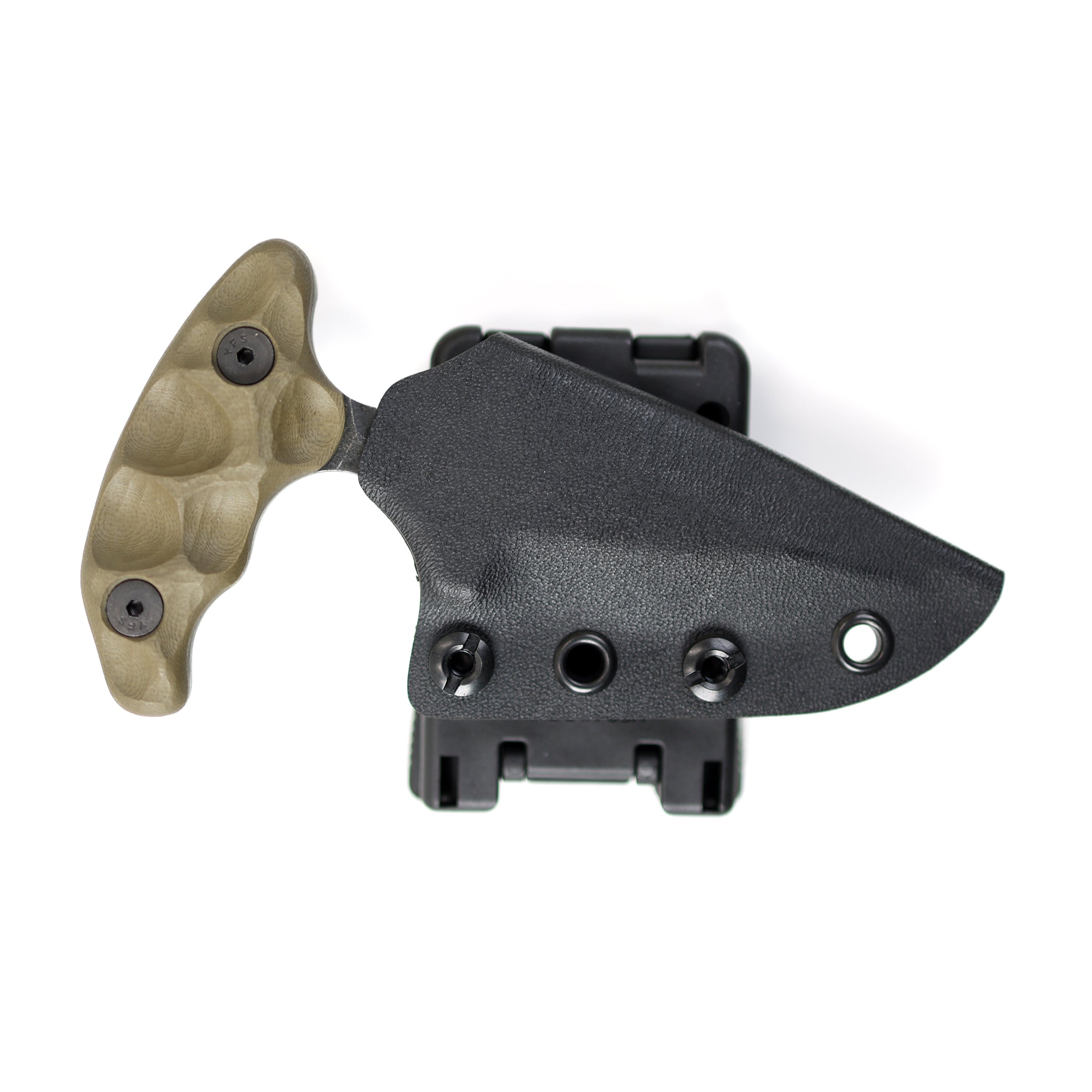 Stroup SD1 push dagger tactical knife with Ranger Green handle secured in Kydex sheath, double edged 1095 high carbon steel fixed blade tactical knife for concealed carry, self defense EDC, close quarters protection, and tactical kit use made in the USA