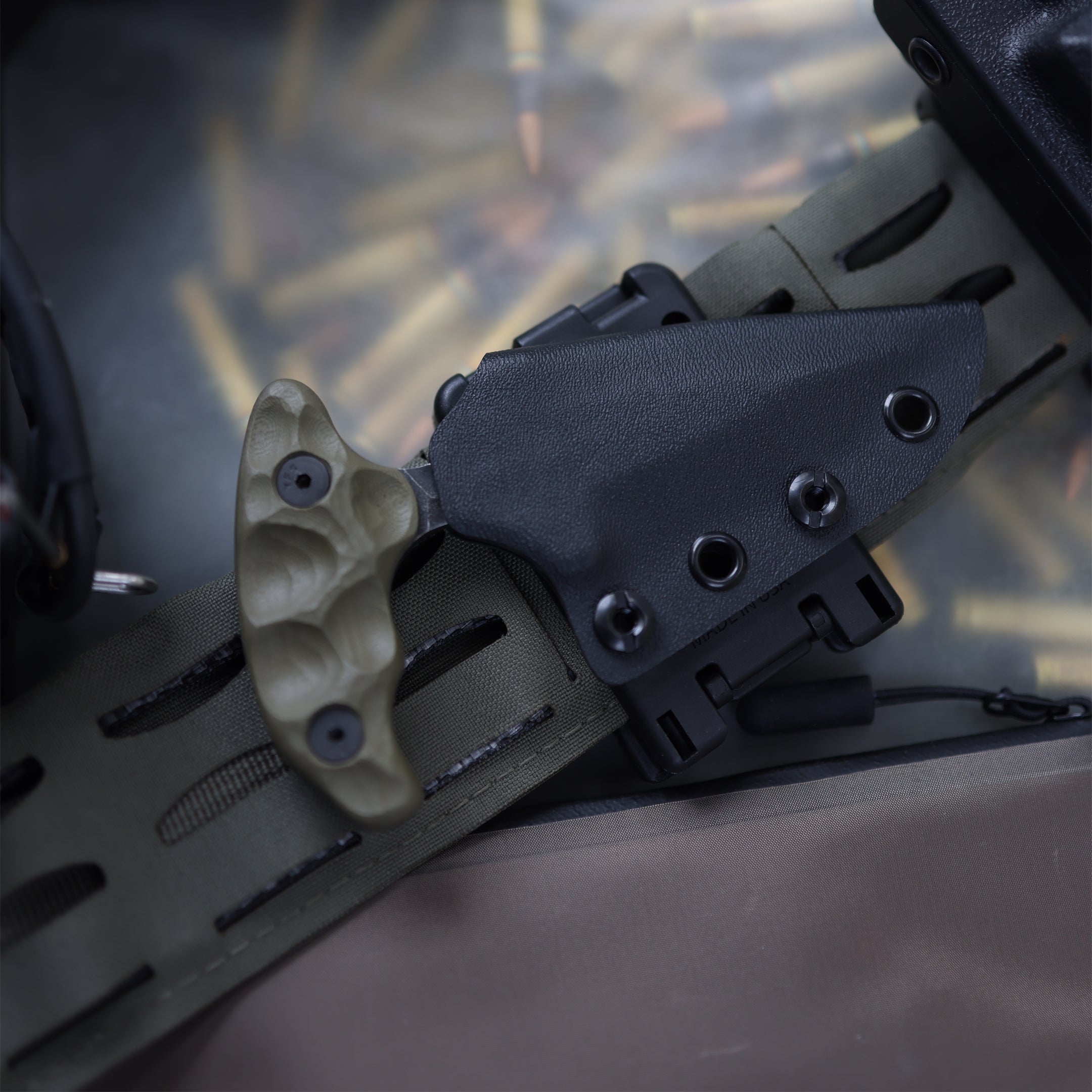 Stroup SD1 Push Dagger Tactical Knife in Sheath Flat Lay 1095 Steel