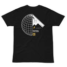 Black t-shirt with a graphic design on the back featuring a gun and globe, on a white background.