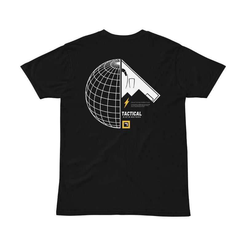 Black t-shirt with a graphic design on the back featuring a gun and globe, on a white background.