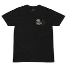 Black t-shirt with a logo on the chest against a white background