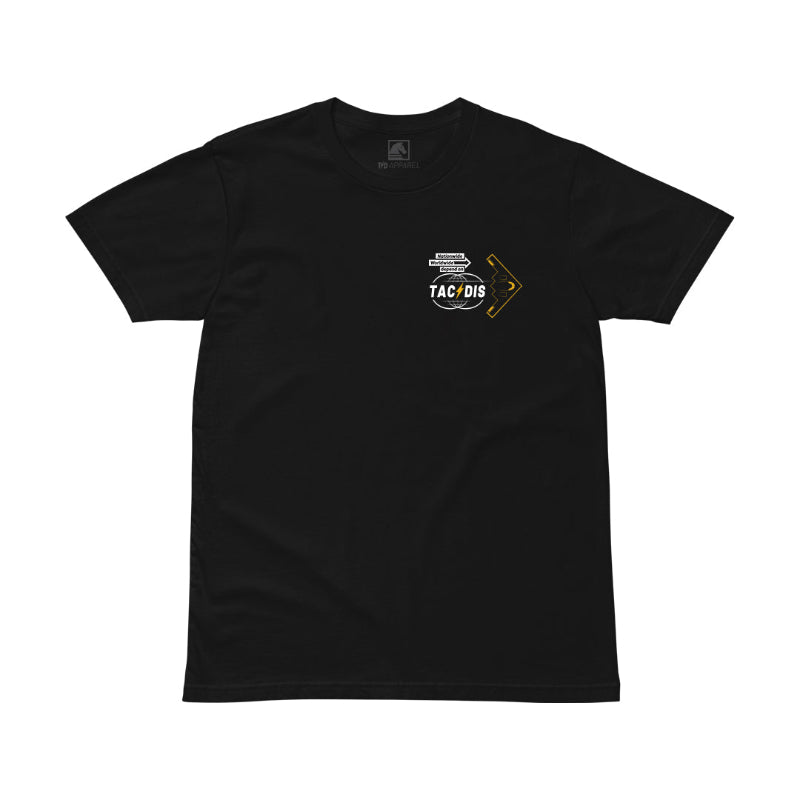 Black t-shirt with a logo on the chest against a white background