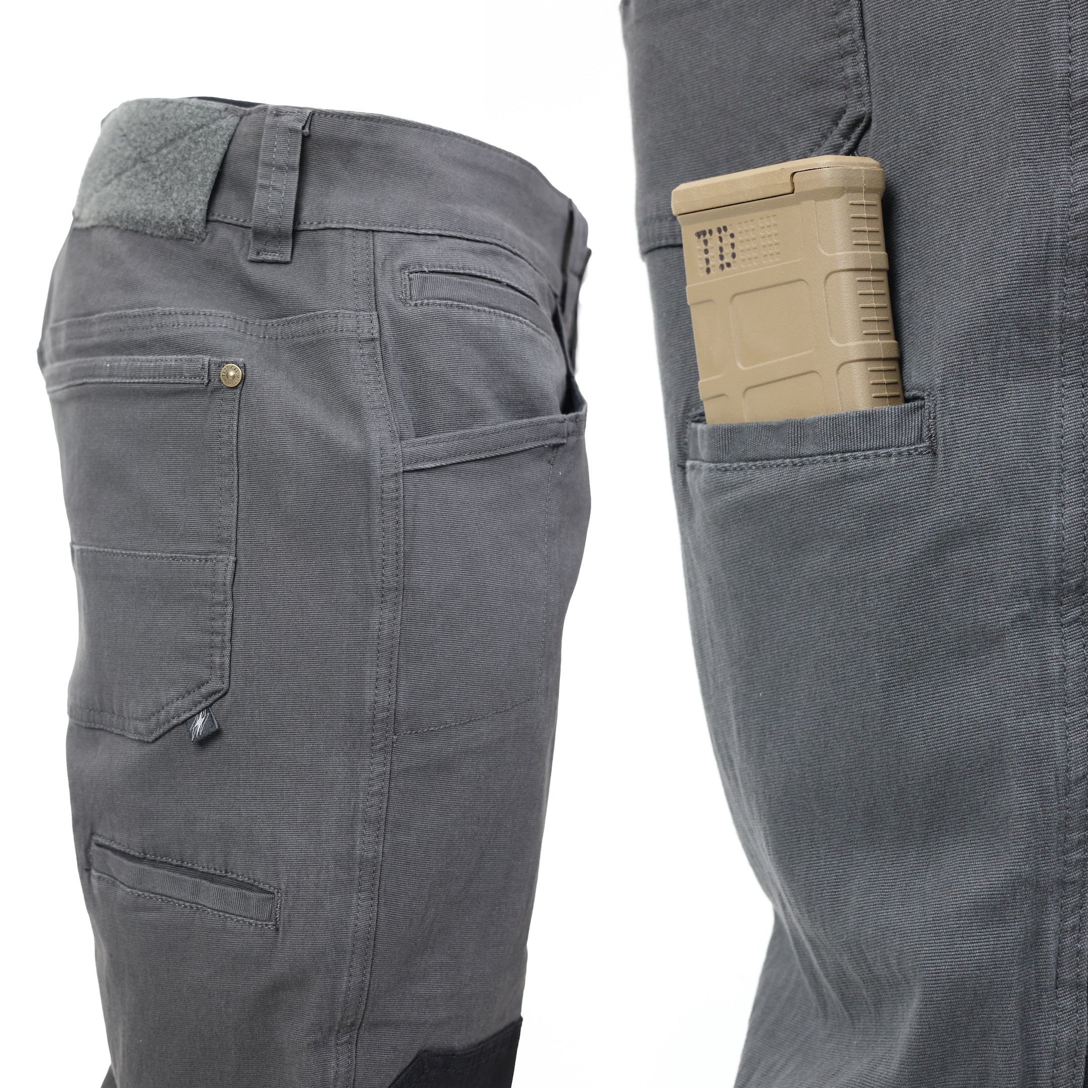 TD Braddock Tactical Pants demonstrating pistol mag storage in front coin pockets and side-leg pockets, highlighting reinforced workwear construction and tactical EDC layout