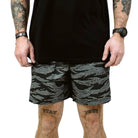 TD Contender Training Shorts in Black Tiger Stripe front product shot, lightweight amphibious performance shorts with 4 way stretch and quick dry fabric, tactical athletic shorts designed for high intensity workouts, swim training, and everyday EDC carry